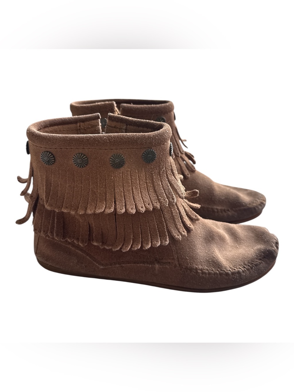 Minnetonka Women's Moccasins Brown Double Fringe Side Zip Ankle Boots Sz 7